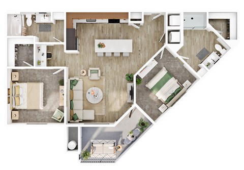 A top-down view of a house layout with a kitchen, living room, dining area, and a balcony.